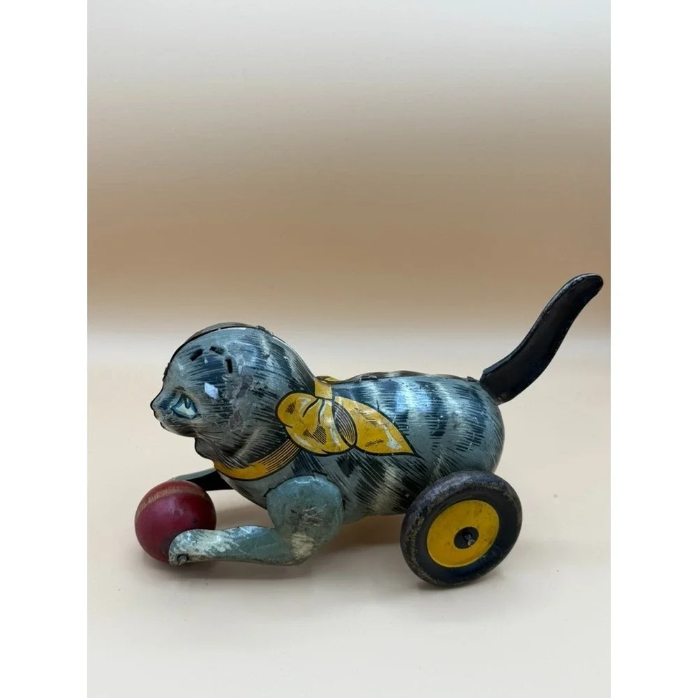 Vintage Marx Kitty Kat Tin Litho Lever Action Cat w/ Ball